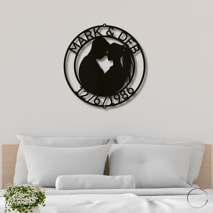 Couple Silhouette Sweetheart Custom Monogram Name Metal Wall Art - Mallard Moon Gift Shop