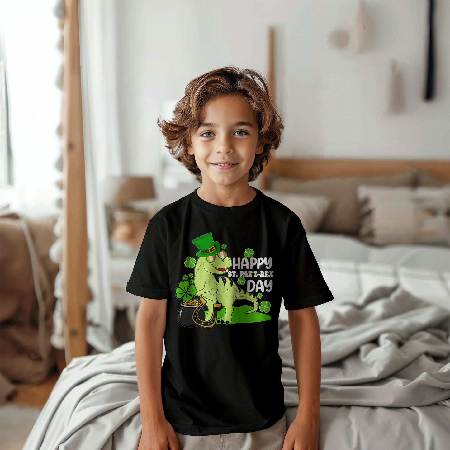 Kids St. Patrick's Day T-Shirt – Cute T-Rex Leprechaun Design – Boys & Girls Irish Holiday Shirt – Soft Cotton Crew Neck Tee - Mallard Moon Gift Shop