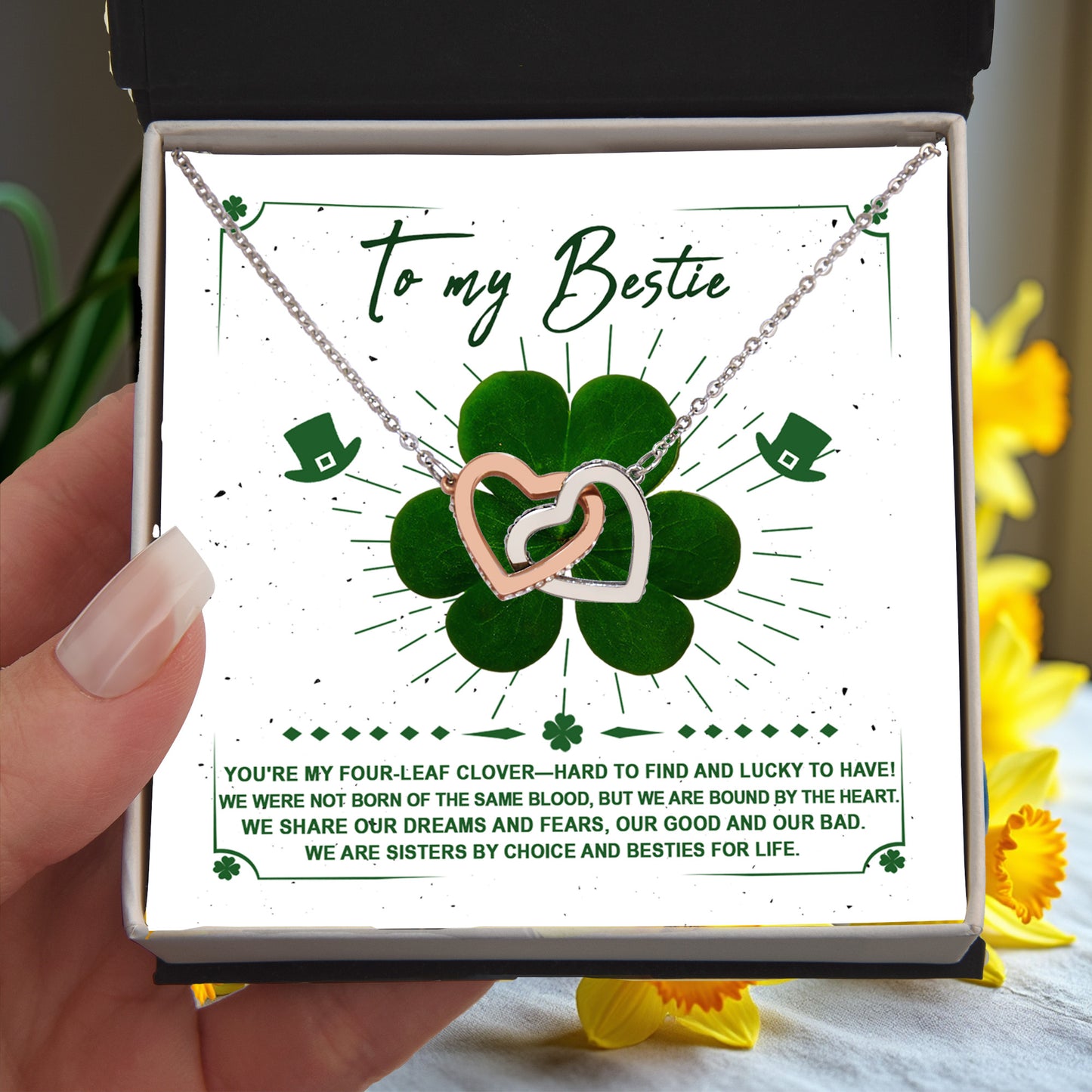 Lucky Four-Leaf Clover Best Friend Gift – Interlocking Hearts Necklace - Mallard Moon Gift Shop