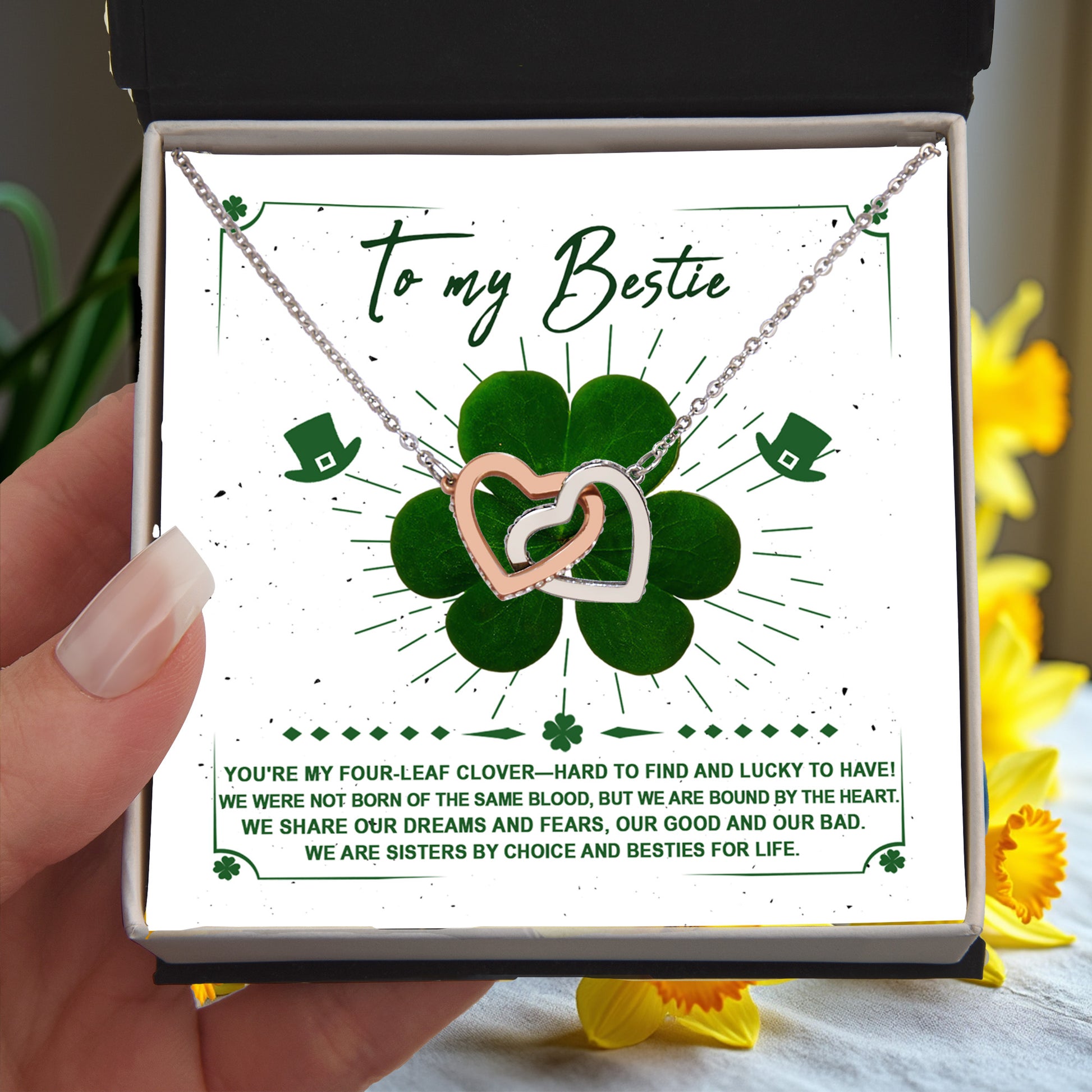 Lucky Four-Leaf Clover Best Friend Gift – Interlocking Hearts Necklace - Mallard Moon Gift Shop