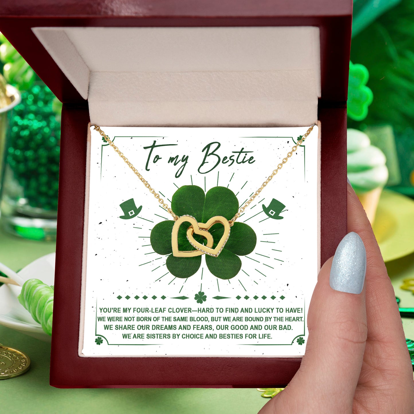 Lucky Four-Leaf Clover Best Friend Gift – Interlocking Hearts Necklace - Mallard Moon Gift Shop