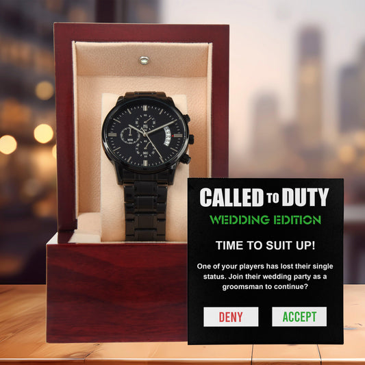 Groomsman Called To Duty Time to Suit Up Wedding Party Invite Black Chronograph Watch - Mallard Moon Gift Shop