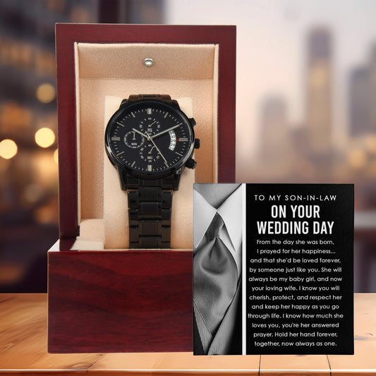 Son-in-Law Wedding Day Gift - Hold Her Hand Forever - Black Chronograph Watch - Mallard Moon Gift Shop