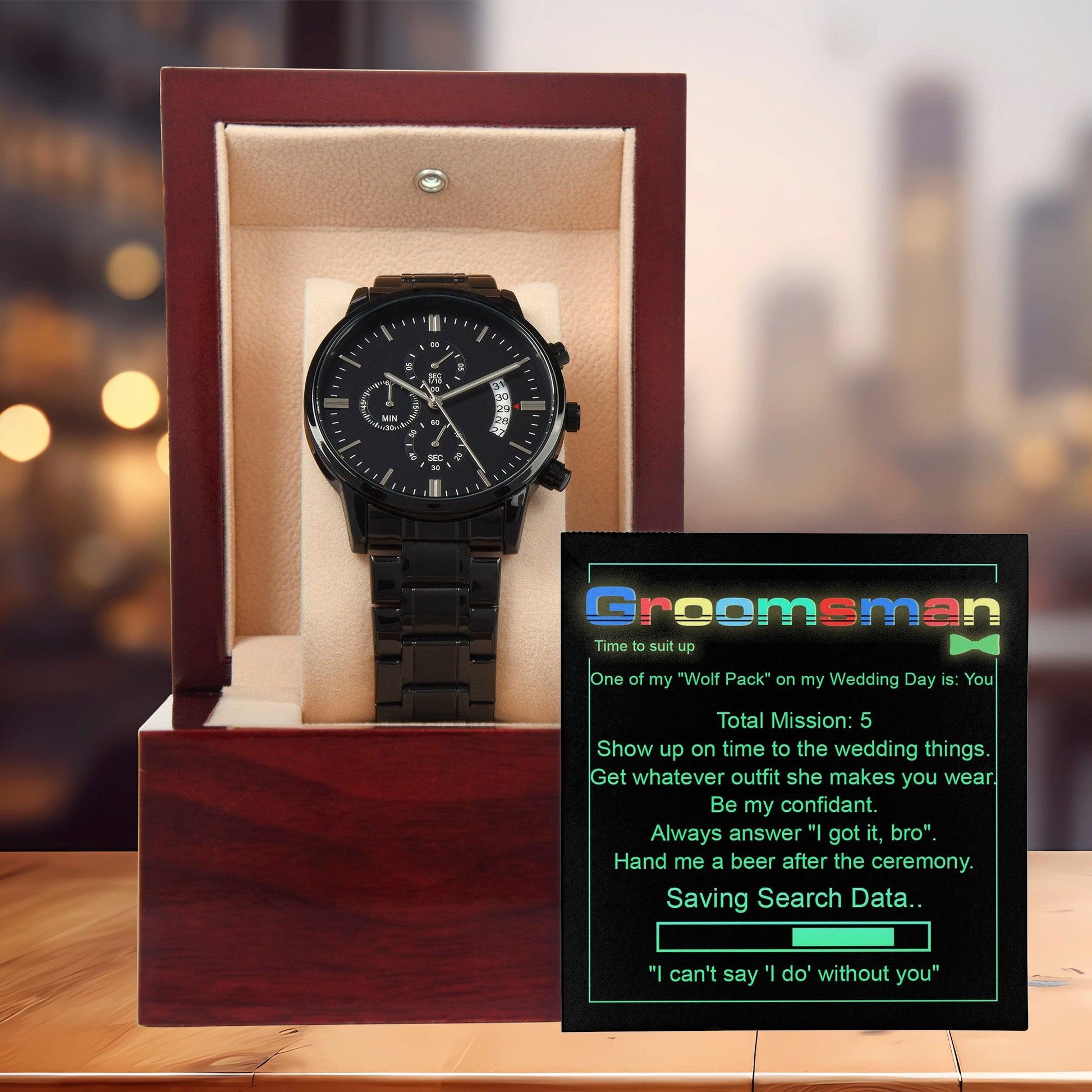 Groomsman Wedding Day Gift - Saving Search Data - Black Chronograph Watch - Mallard Moon Gift Shop
