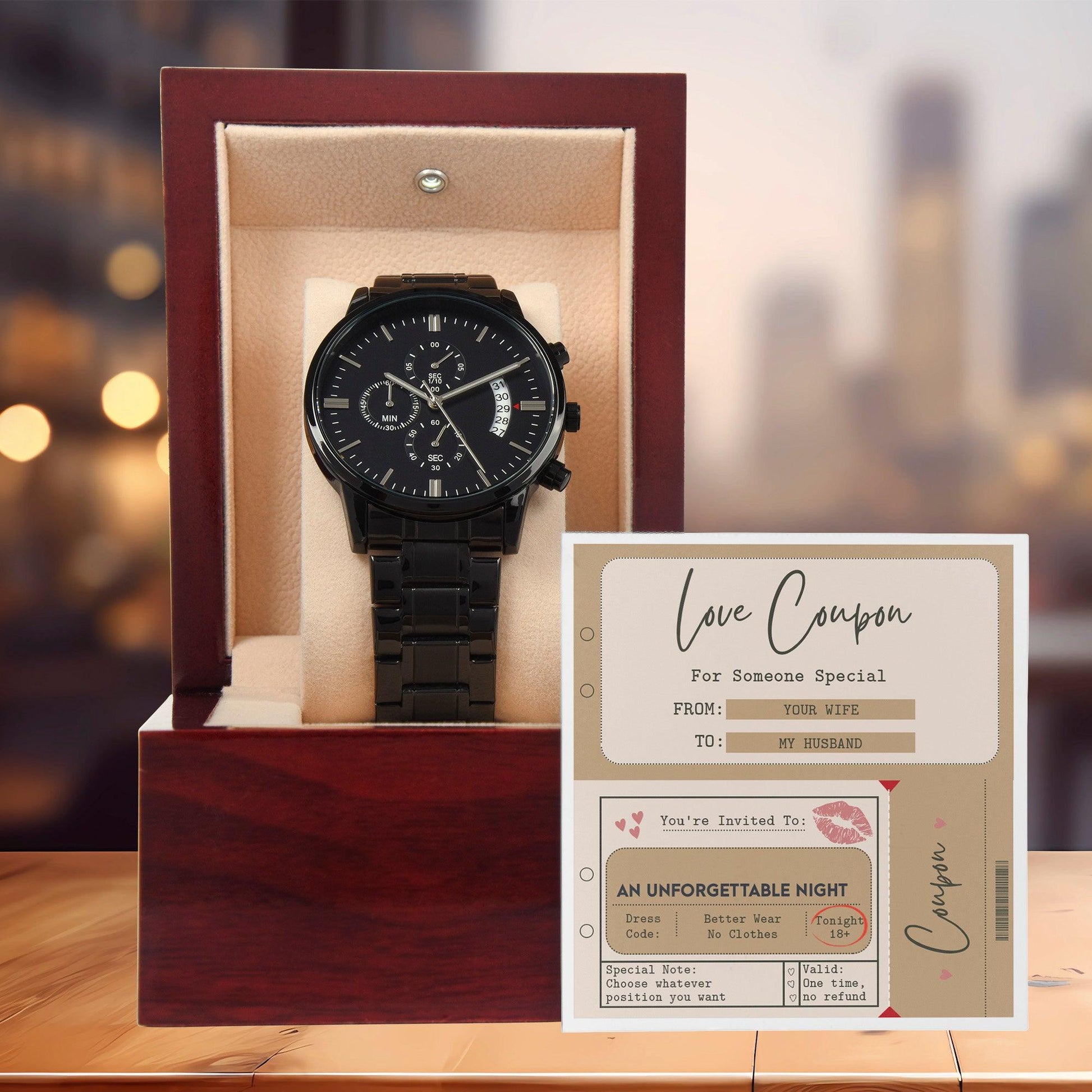 Husband Wedding Day Gift - Coupon Book - Black Chronograph Watch - Mallard Moon Gift Shop