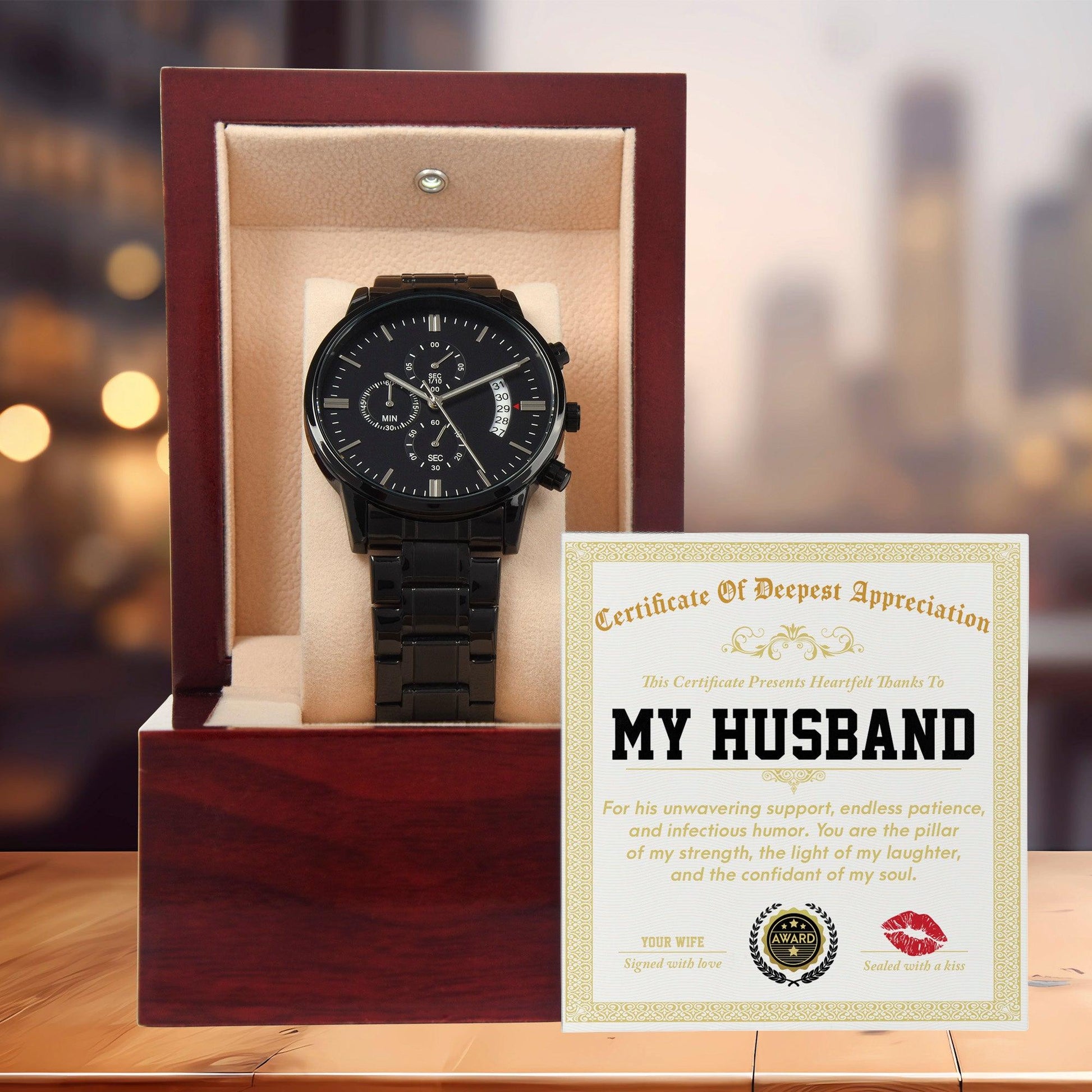 Husband Wedding Day Gift - Deepest Appreciation - Black Chronograph Watch - Mallard Moon Gift Shop