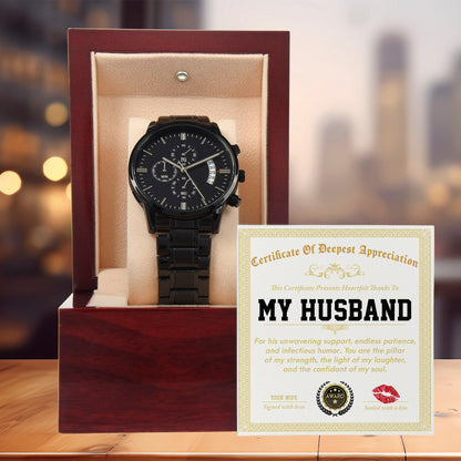Husband Wedding Day Gift - Deepest Appreciation - Black Chronograph Watch - Mallard Moon Gift Shop