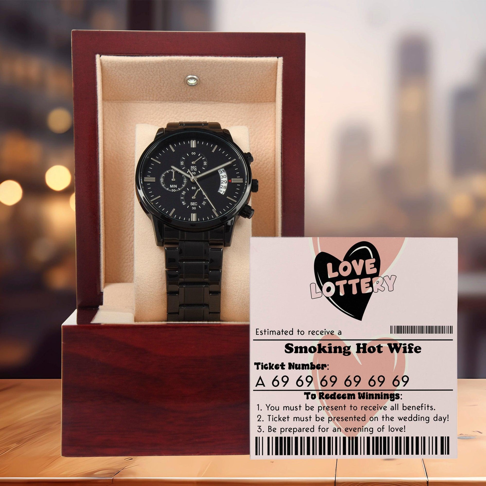Husband Wedding Day Gift - Jackpot Winner - Black Chronograph Watch - Mallard Moon Gift Shop