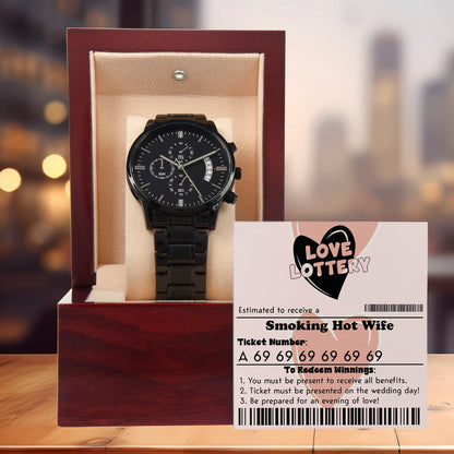 Husband Wedding Day Gift - Jackpot Winner - Black Chronograph Watch - Mallard Moon Gift Shop