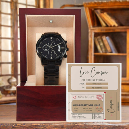 Husband Wedding Day Gift - Coupon Book - Black Chronograph Watch - Mallard Moon Gift Shop