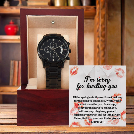 Gift for Boyfriend, Husband-Sorry, Set Things Right - Black Chronograph Watch - Mallard Moon Gift Shop