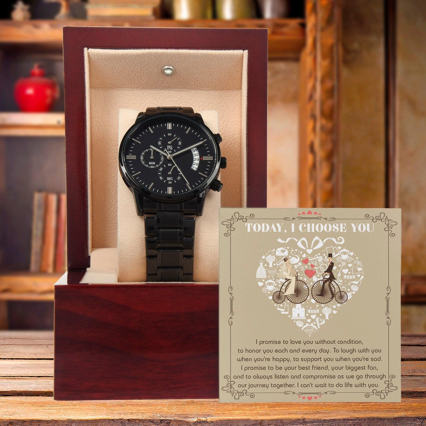Husband Wedding Day Gift - I Choose You - Black Chronograph Watch - Mallard Moon Gift Shop