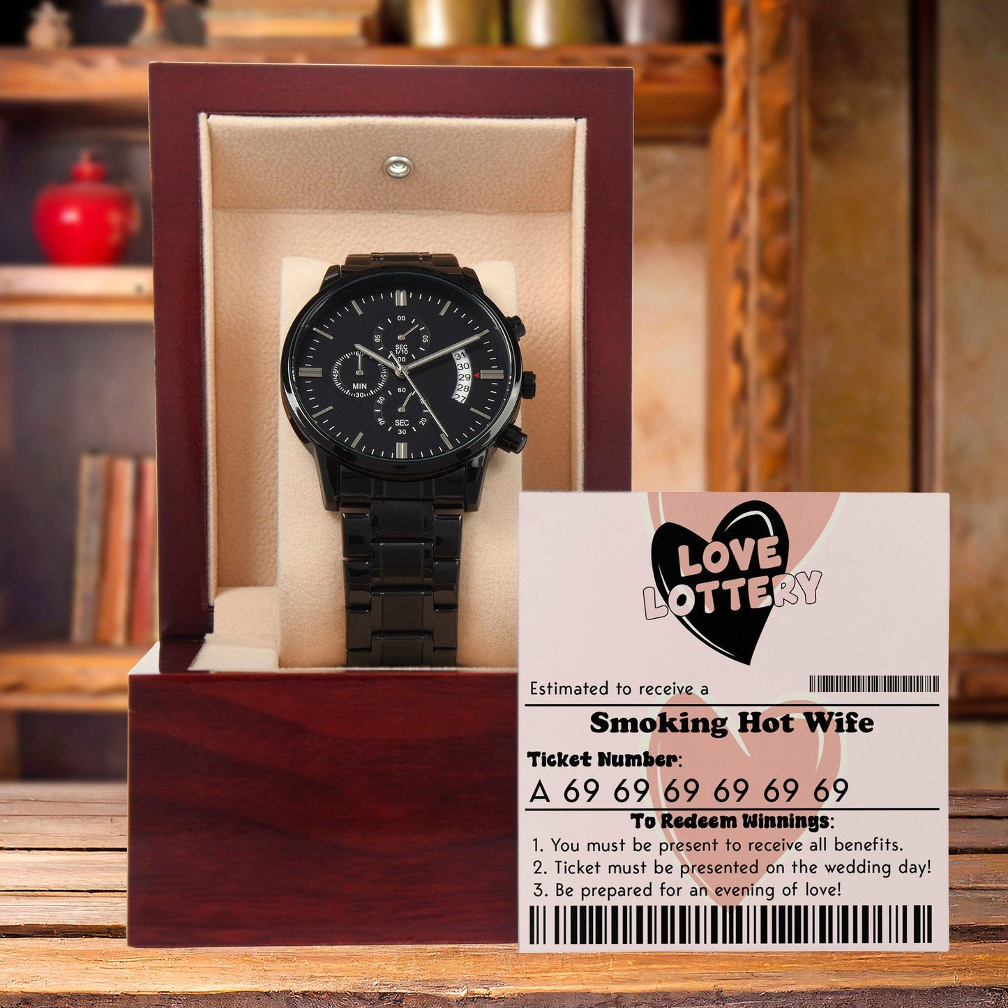 Husband Wedding Day Gift - Jackpot Winner - Black Chronograph Watch - Mallard Moon Gift Shop