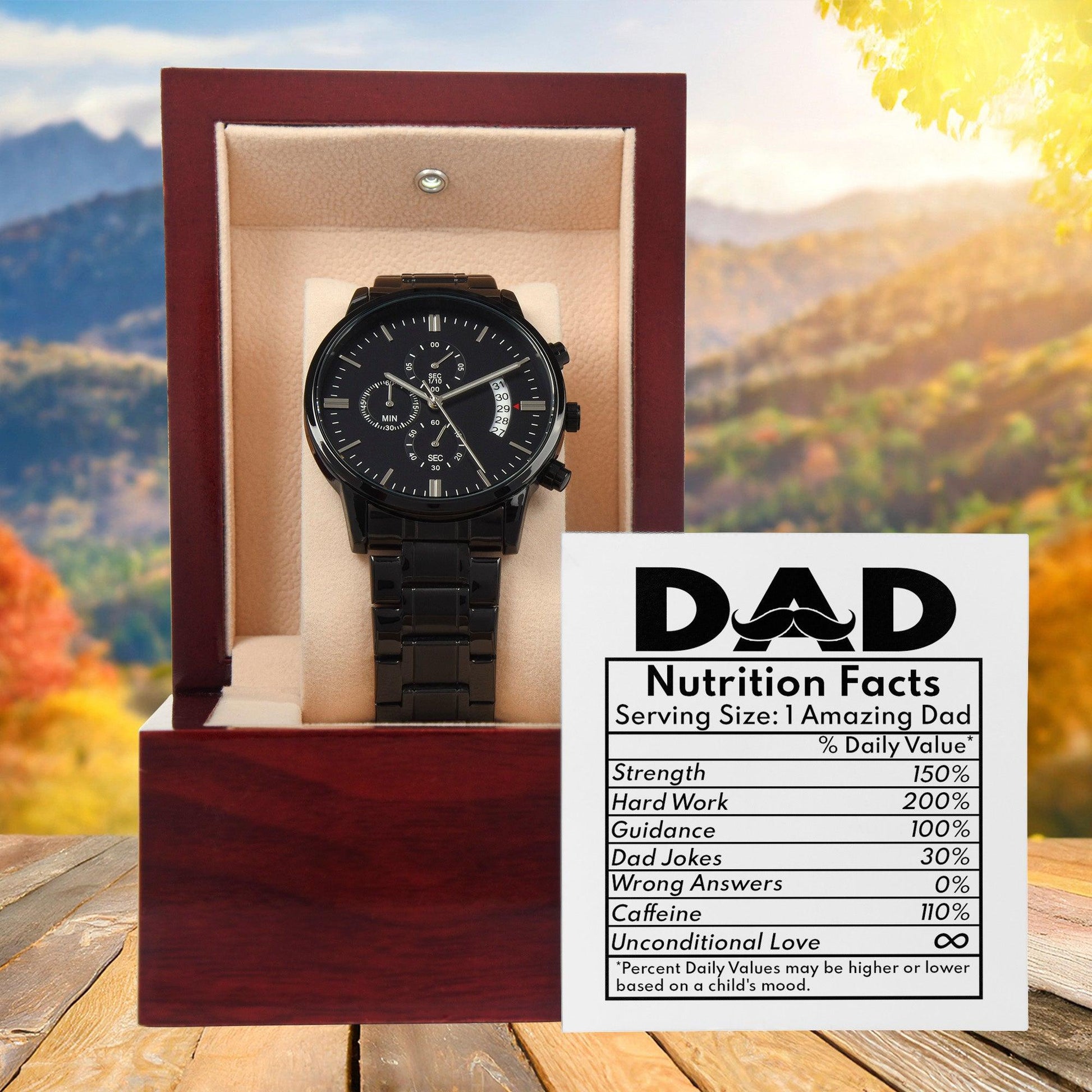 Dad Gift - Funny Nutrition Facts - Black Chronograph Watch - Mallard Moon Gift Shop