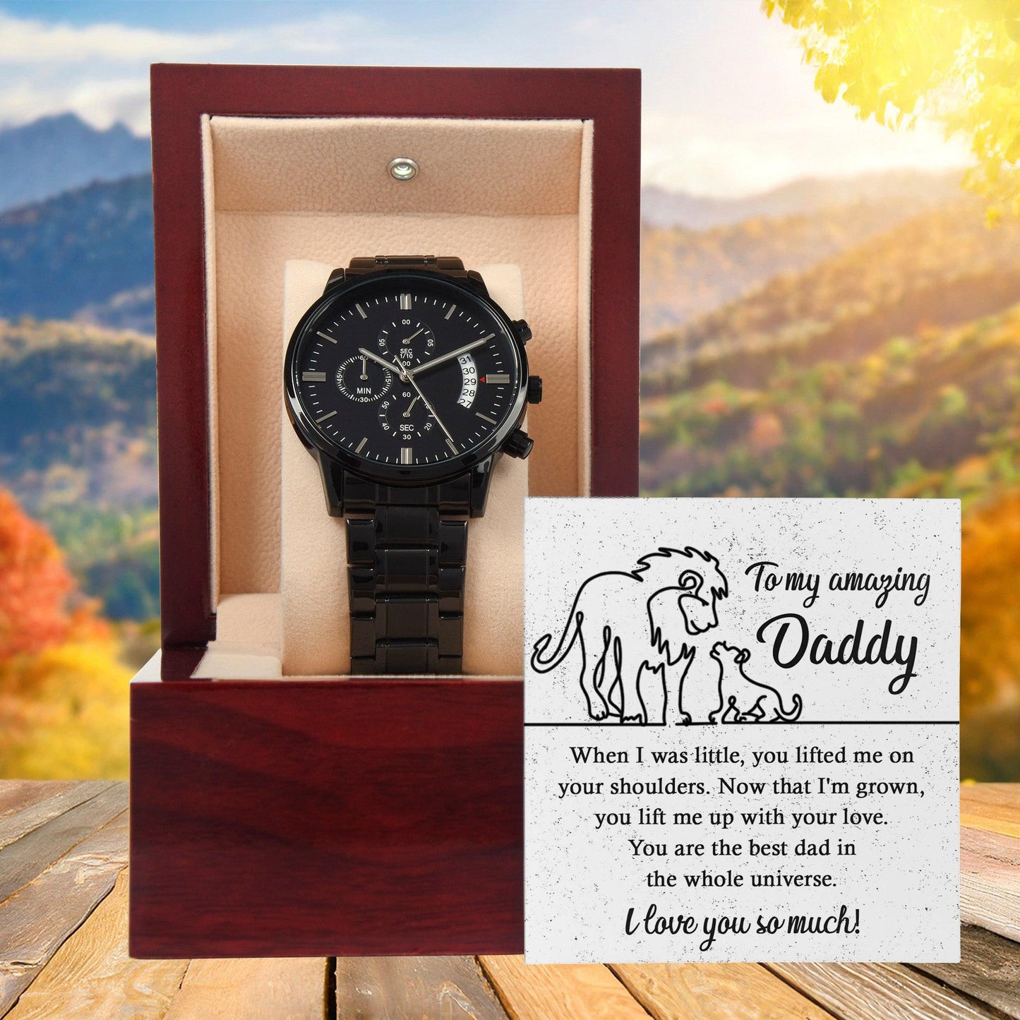 Dad Gift -You Lift My Up With Love Lion and Cub Black Chronograph Watch - Mallard Moon Gift Shop