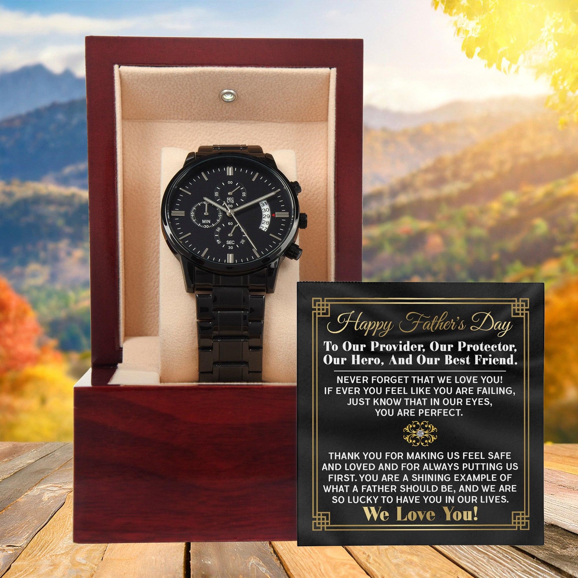 Dad Gift - Our Provider, Protector, Hero, Best Friend Black Chronograph Watch - Mallard Moon Gift Shop