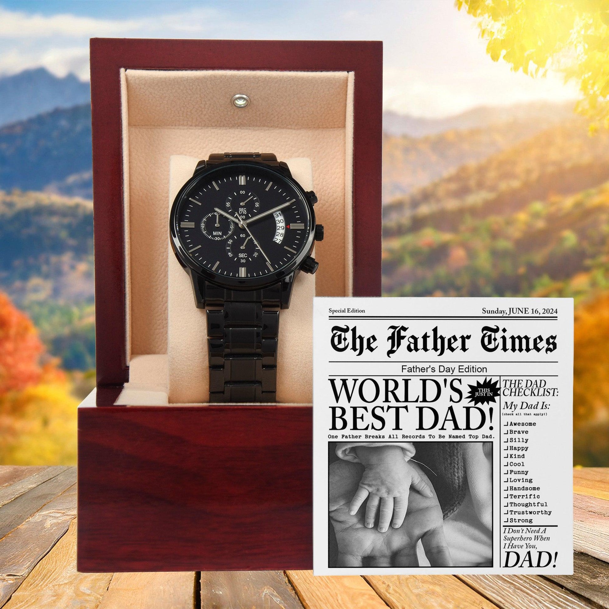 Dad Gift  - Headline on The Father Times - World's Best Dad - Black Chronograph Watch - Mallard Moon Gift Shop