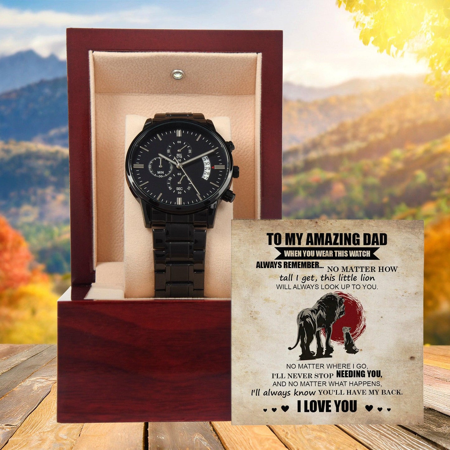 Dad Gift - This Little Lion Will Always Look Up to You - Black Chronograph Watch - Mallard Moon Gift Shop