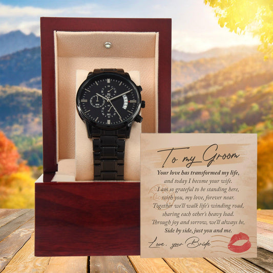 Gift to the Groom - Side by Side, Just You and Me - Black Chronograph Watch - Mallard Moon Gift Shop
