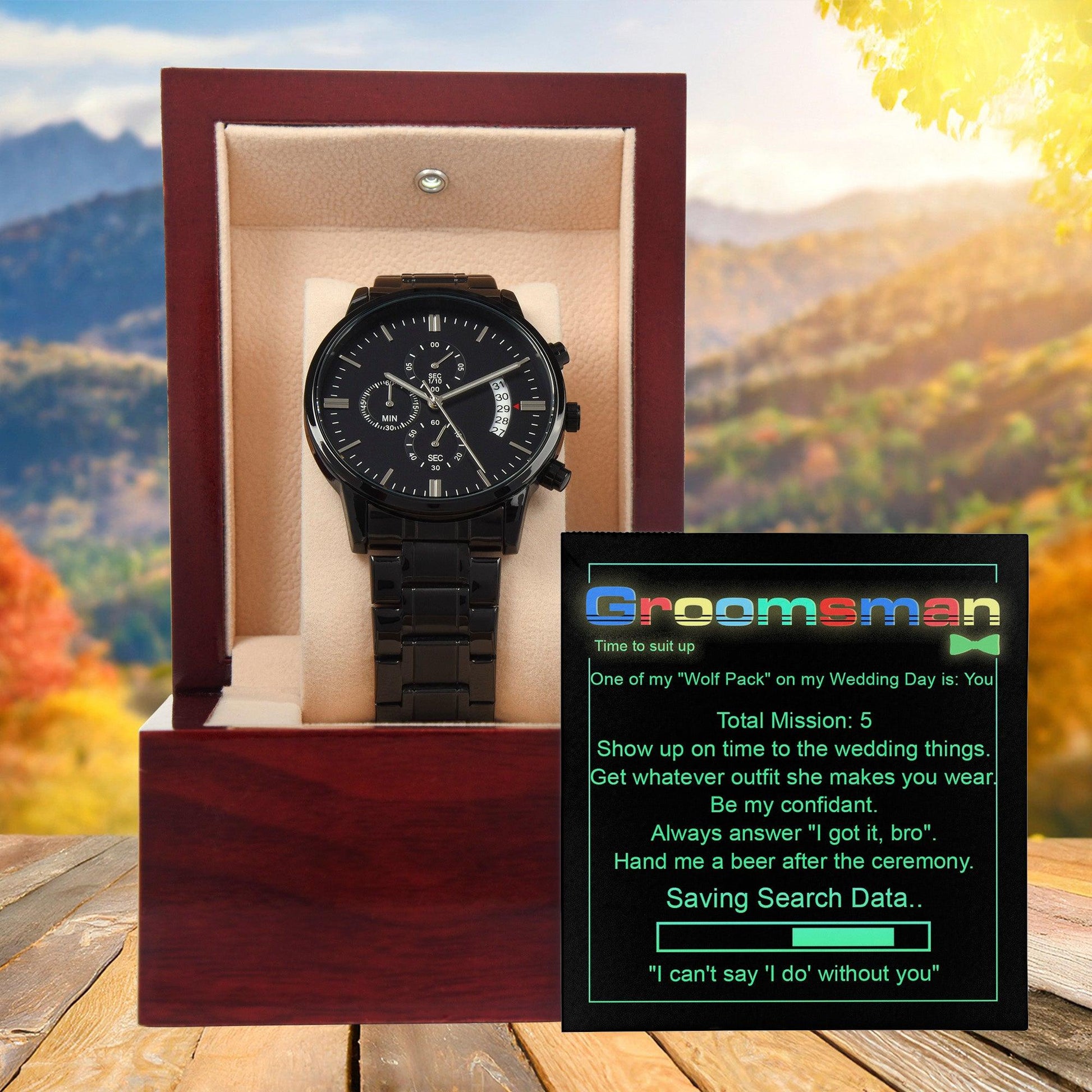 Groomsman Wedding Day Gift - Saving Search Data - Black Chronograph Watch - Mallard Moon Gift Shop