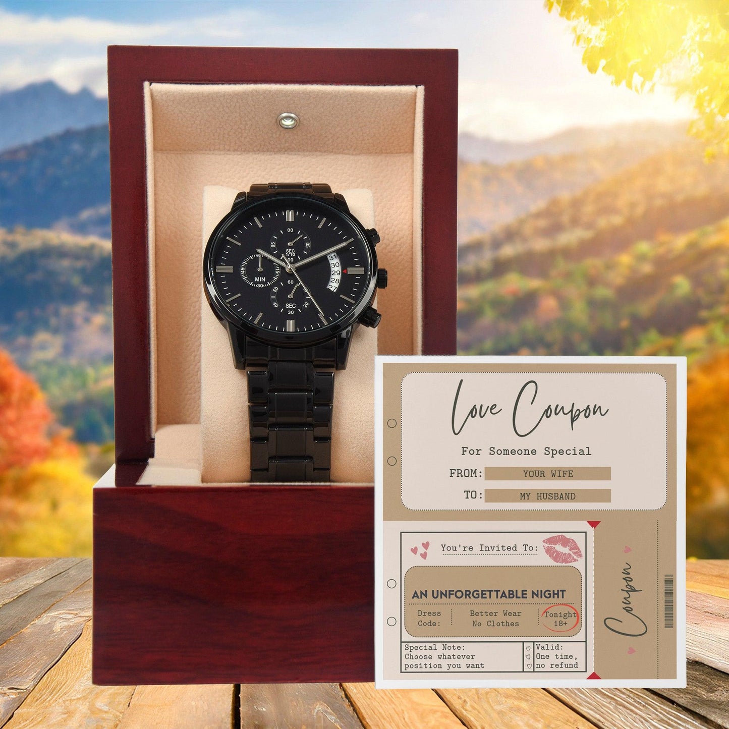 Husband Wedding Day Gift - Coupon Book - Black Chronograph Watch - Mallard Moon Gift Shop