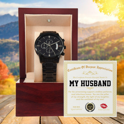 Husband Wedding Day Gift - Deepest Appreciation - Black Chronograph Watch - Mallard Moon Gift Shop