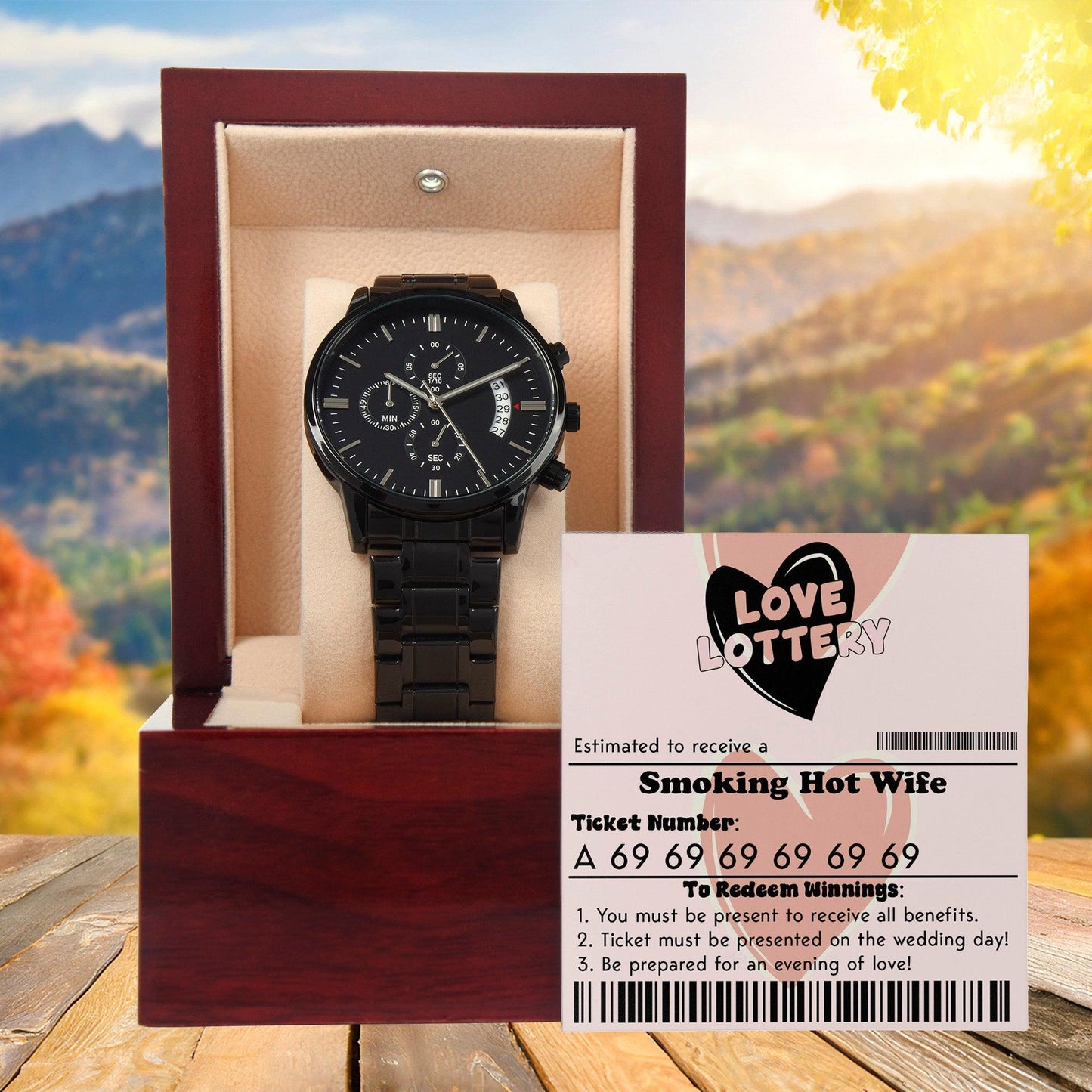 Husband Wedding Day Gift - Jackpot Winner - Black Chronograph Watch - Mallard Moon Gift Shop