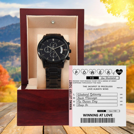 Husband Wedding Day Gift - Power of Love - Black Chronograph Watch - Mallard Moon Gift Shop