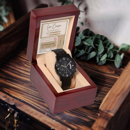 Husband Wedding Day Gift - Coupon Book - Black Chronograph Watch - Mallard Moon Gift Shop