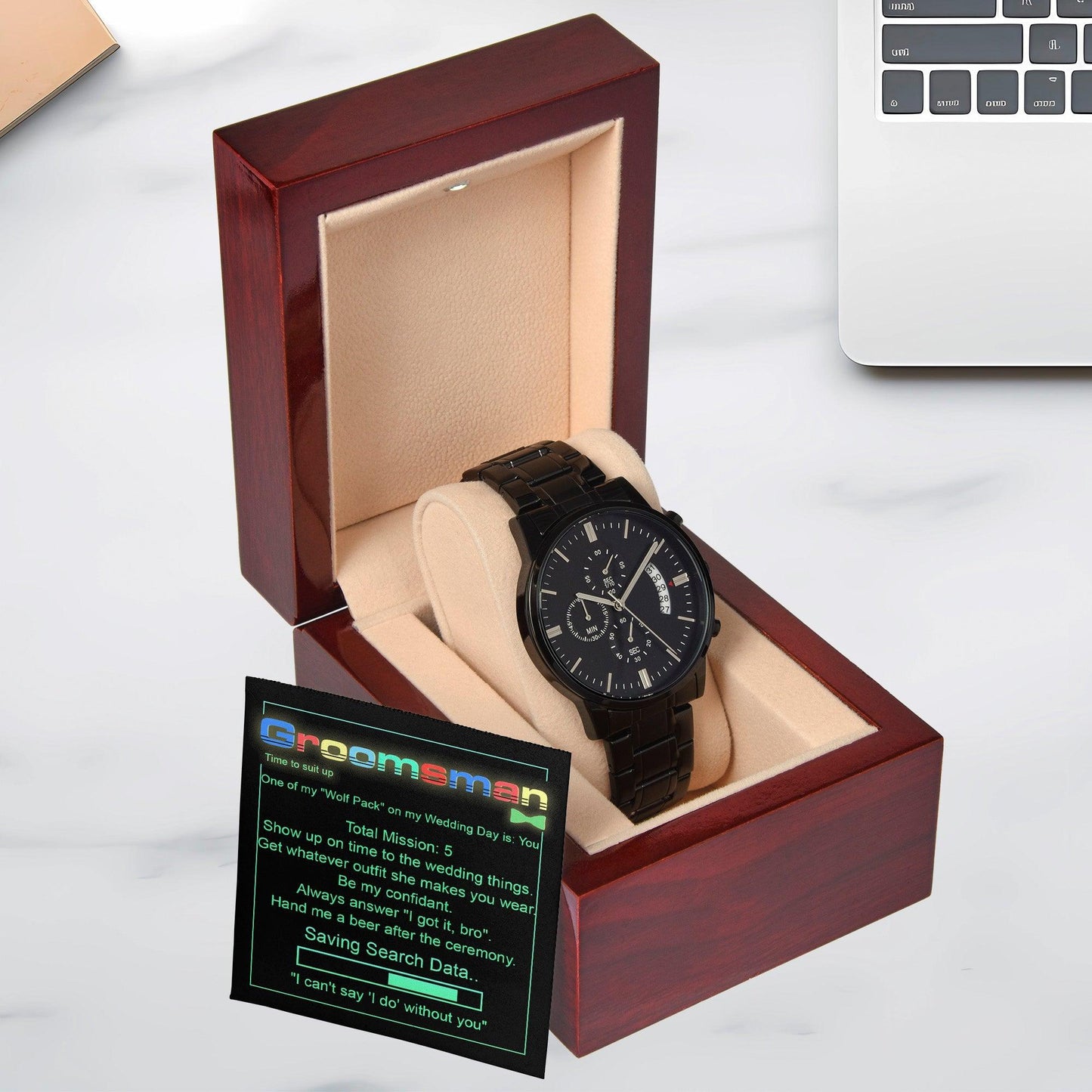 Groomsman Wedding Day Gift - Saving Search Data - Black Chronograph Watch - Mallard Moon Gift Shop