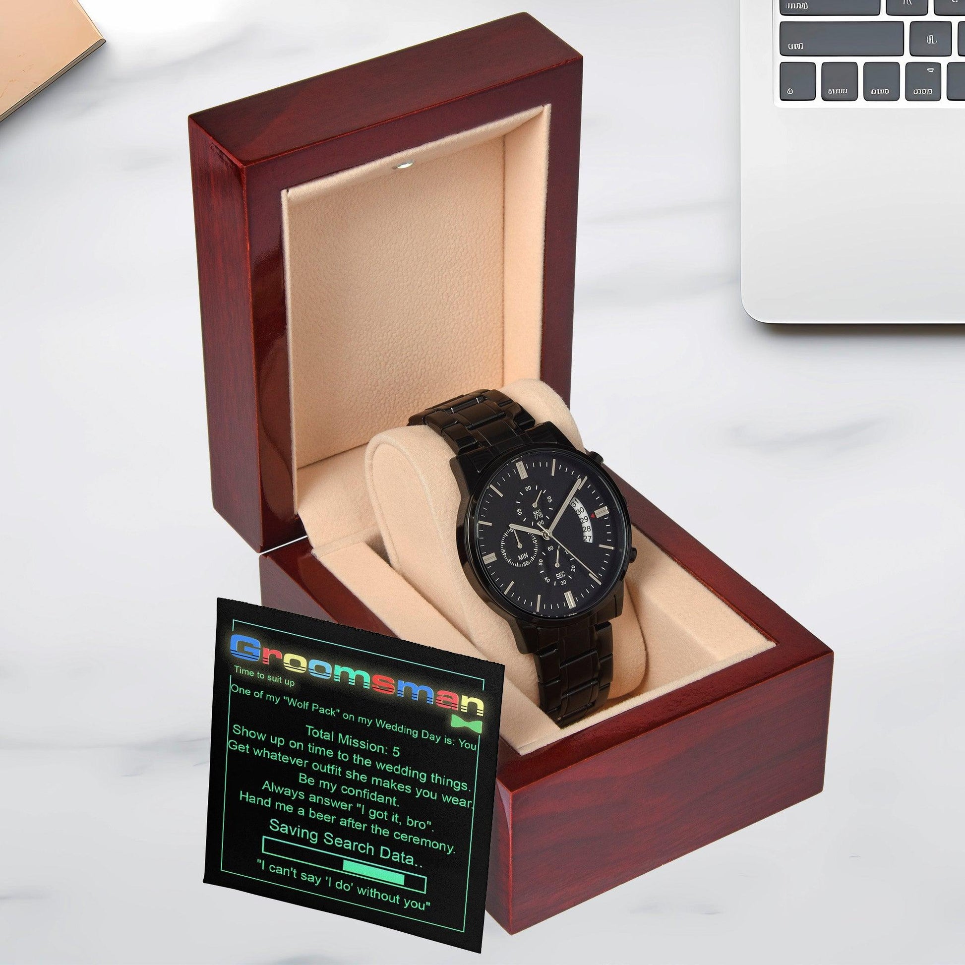 Groomsman Wedding Day Gift - Saving Search Data - Black Chronograph Watch - Mallard Moon Gift Shop
