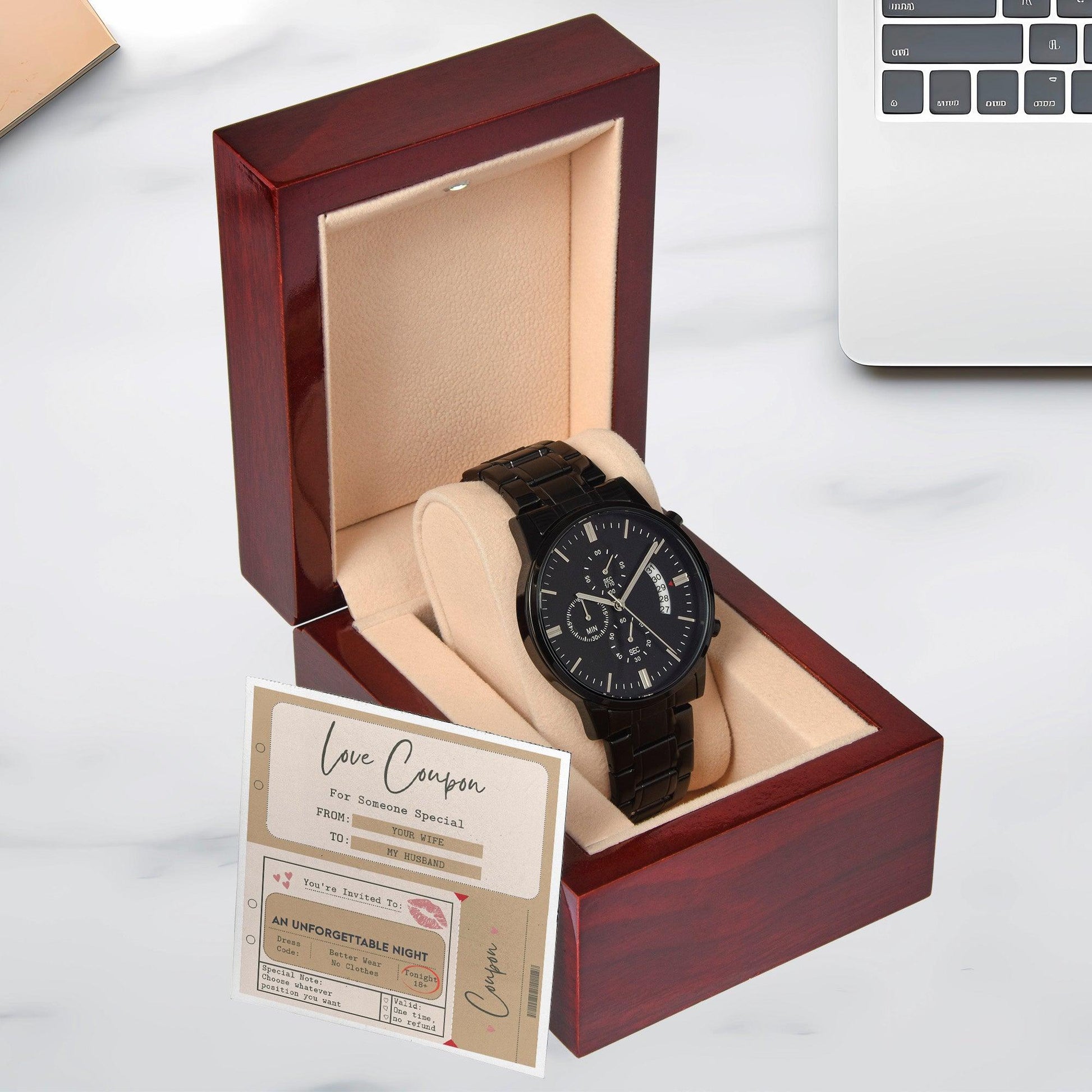 Husband Wedding Day Gift - Coupon Book - Black Chronograph Watch - Mallard Moon Gift Shop