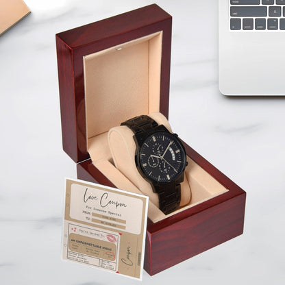 Husband Wedding Day Gift - Coupon Book - Black Chronograph Watch - Mallard Moon Gift Shop
