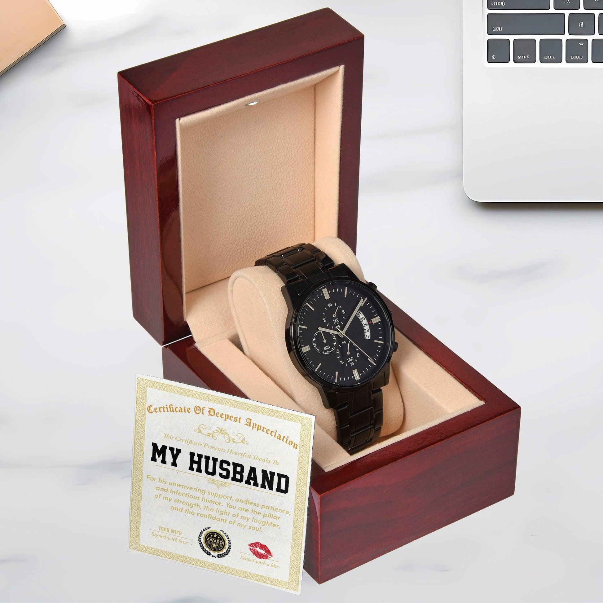 Husband Wedding Day Gift - Deepest Appreciation - Black Chronograph Watch - Mallard Moon Gift Shop