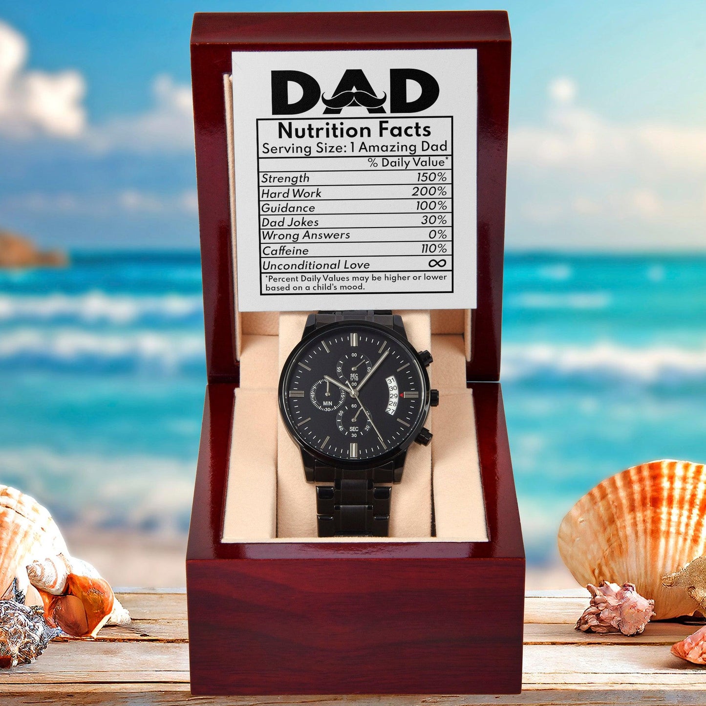 Dad Gift - Funny Nutrition Facts - Black Chronograph Watch - Mallard Moon Gift Shop