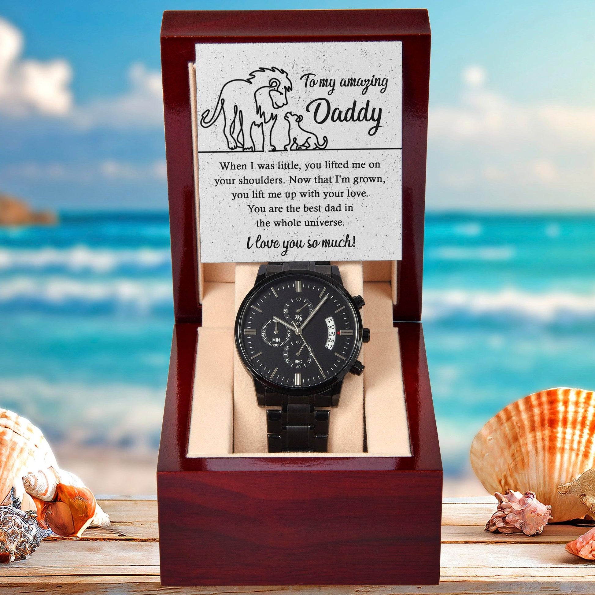 Dad Gift -You Lift My Up With Love Lion and Cub Black Chronograph Watch - Mallard Moon Gift Shop