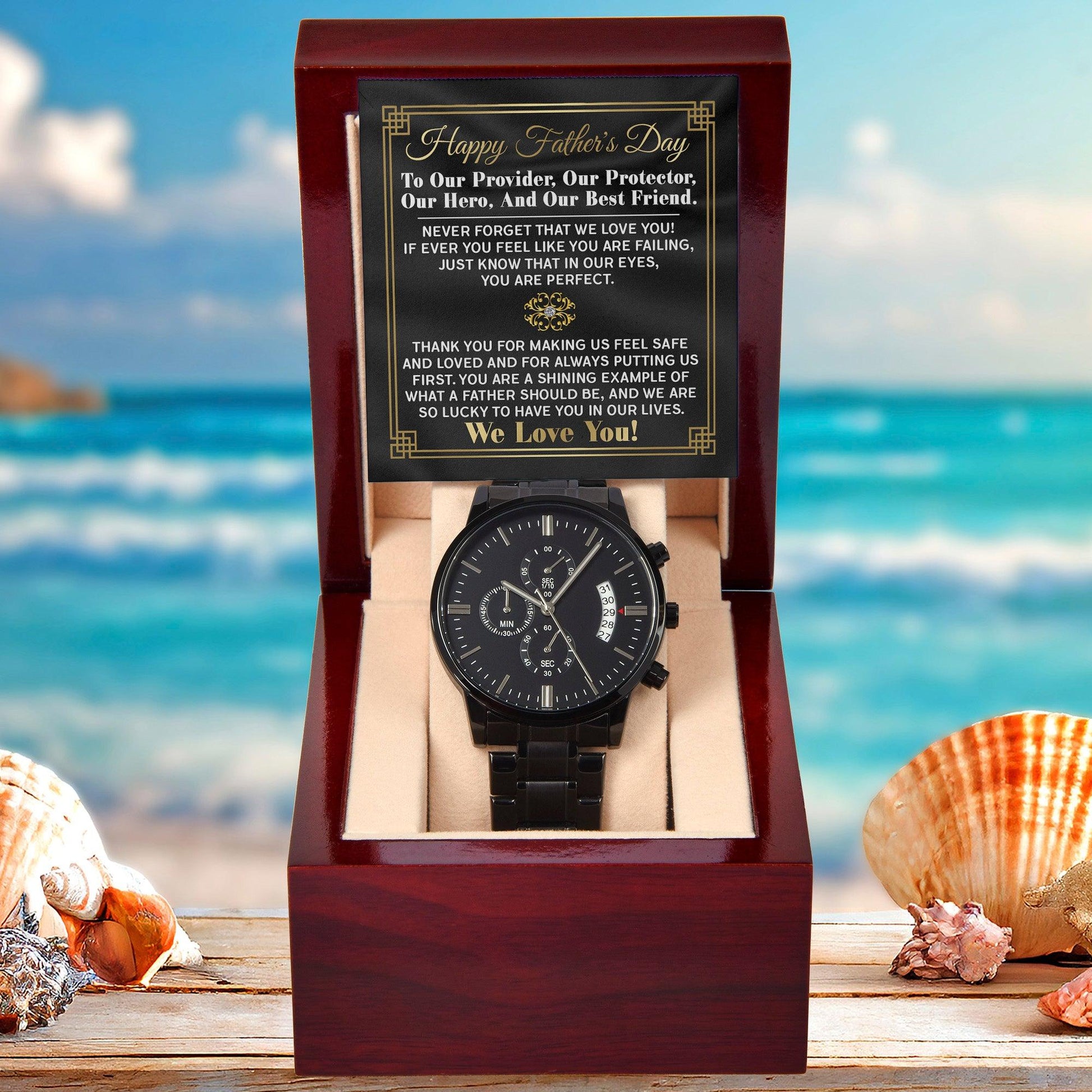 Dad Gift - Our Provider, Protector, Hero, Best Friend Black Chronograph Watch - Mallard Moon Gift Shop