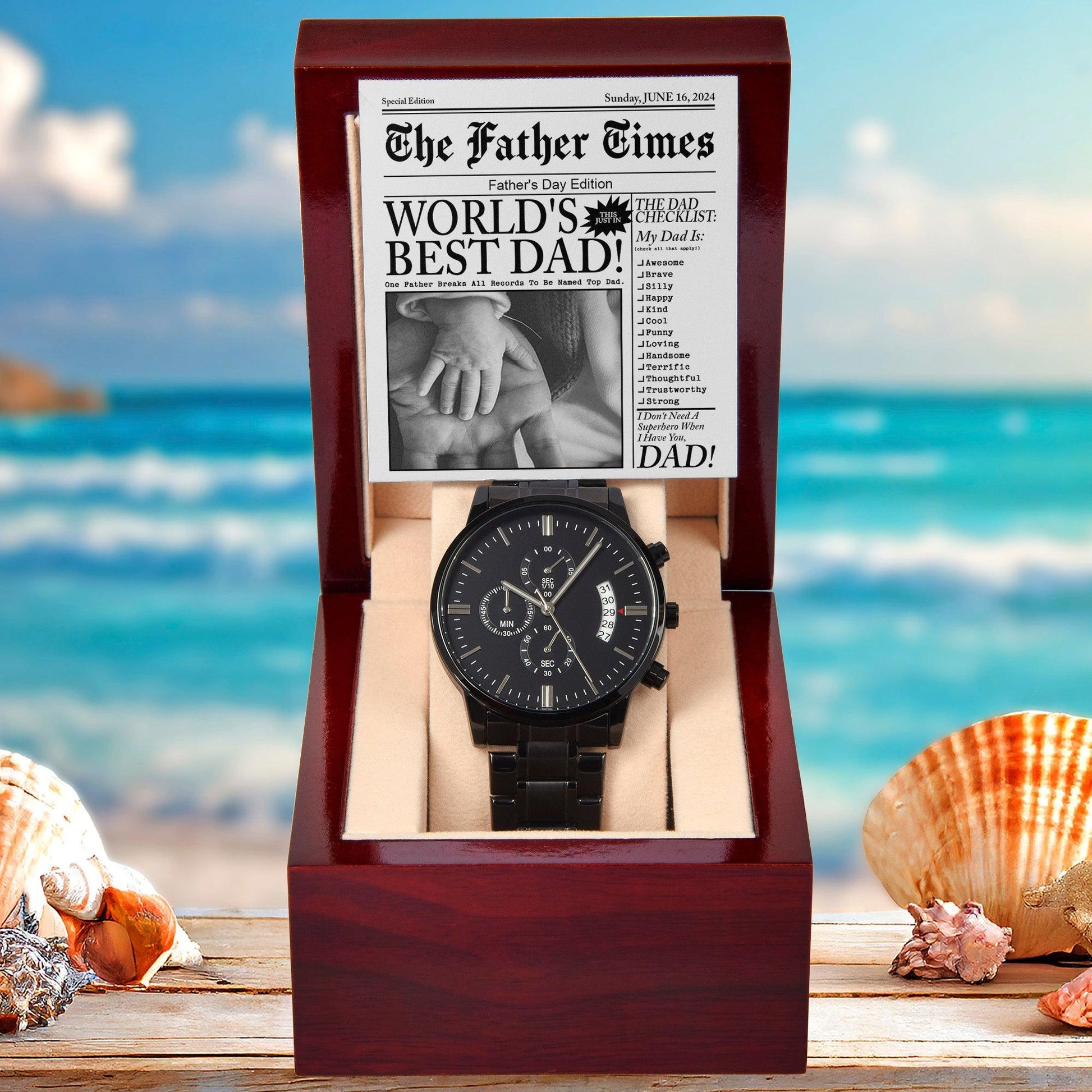 Dad Gift  - Headline on The Father Times - World's Best Dad - Black Chronograph Watch - Mallard Moon Gift Shop