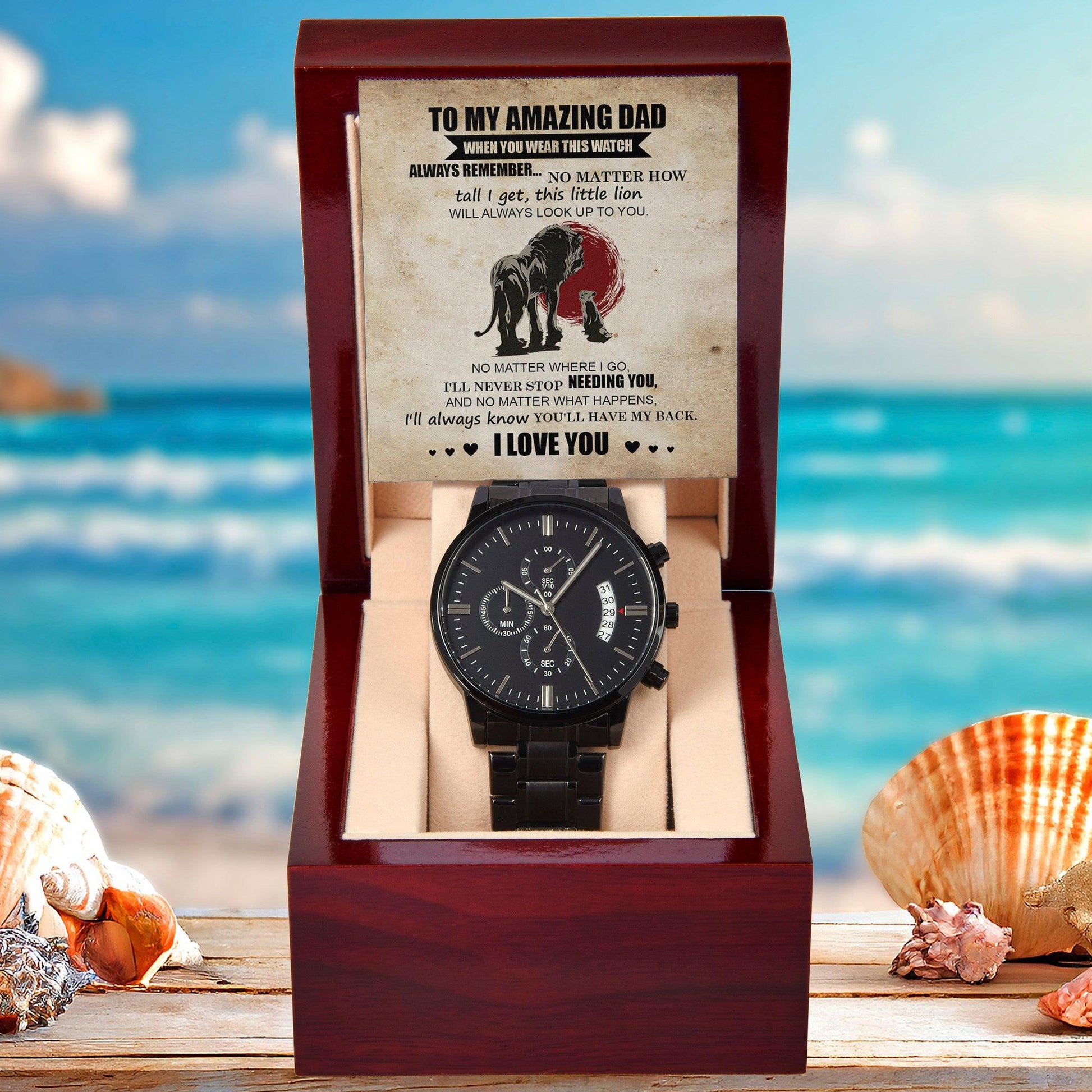 Dad Gift - This Little Lion Will Always Look Up to You - Black Chronograph Watch - Mallard Moon Gift Shop