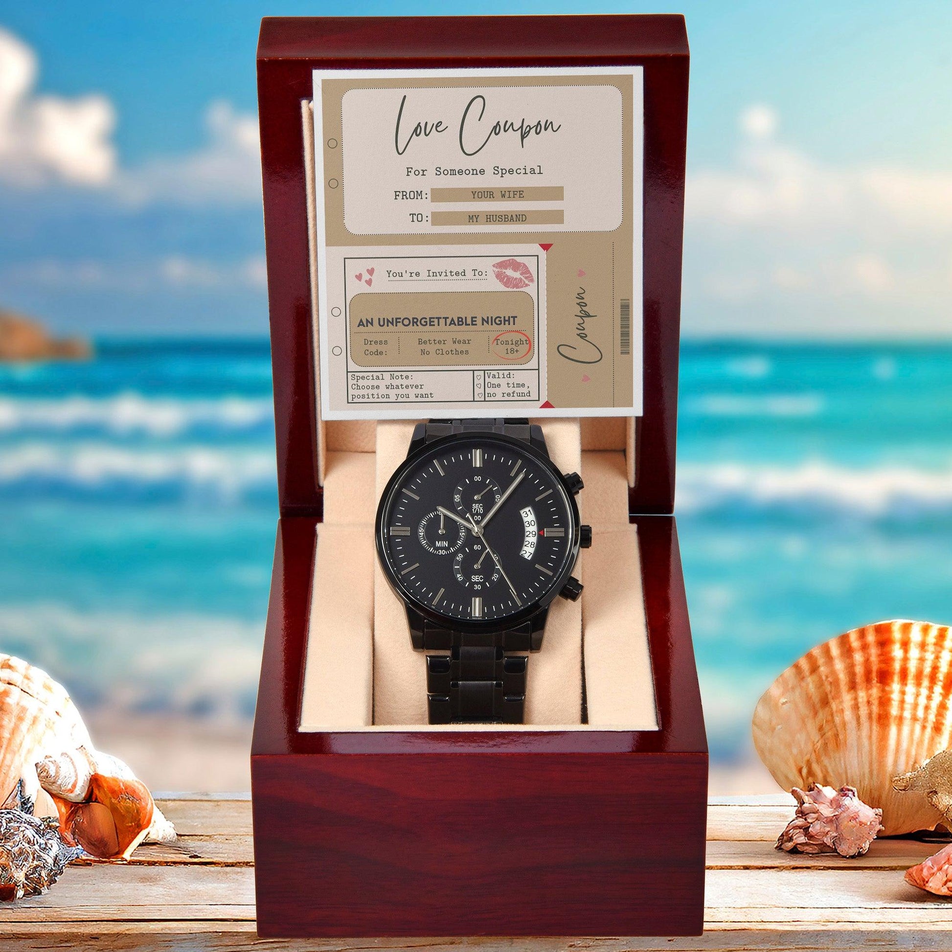 Husband Wedding Day Gift - Coupon Book - Black Chronograph Watch - Mallard Moon Gift Shop