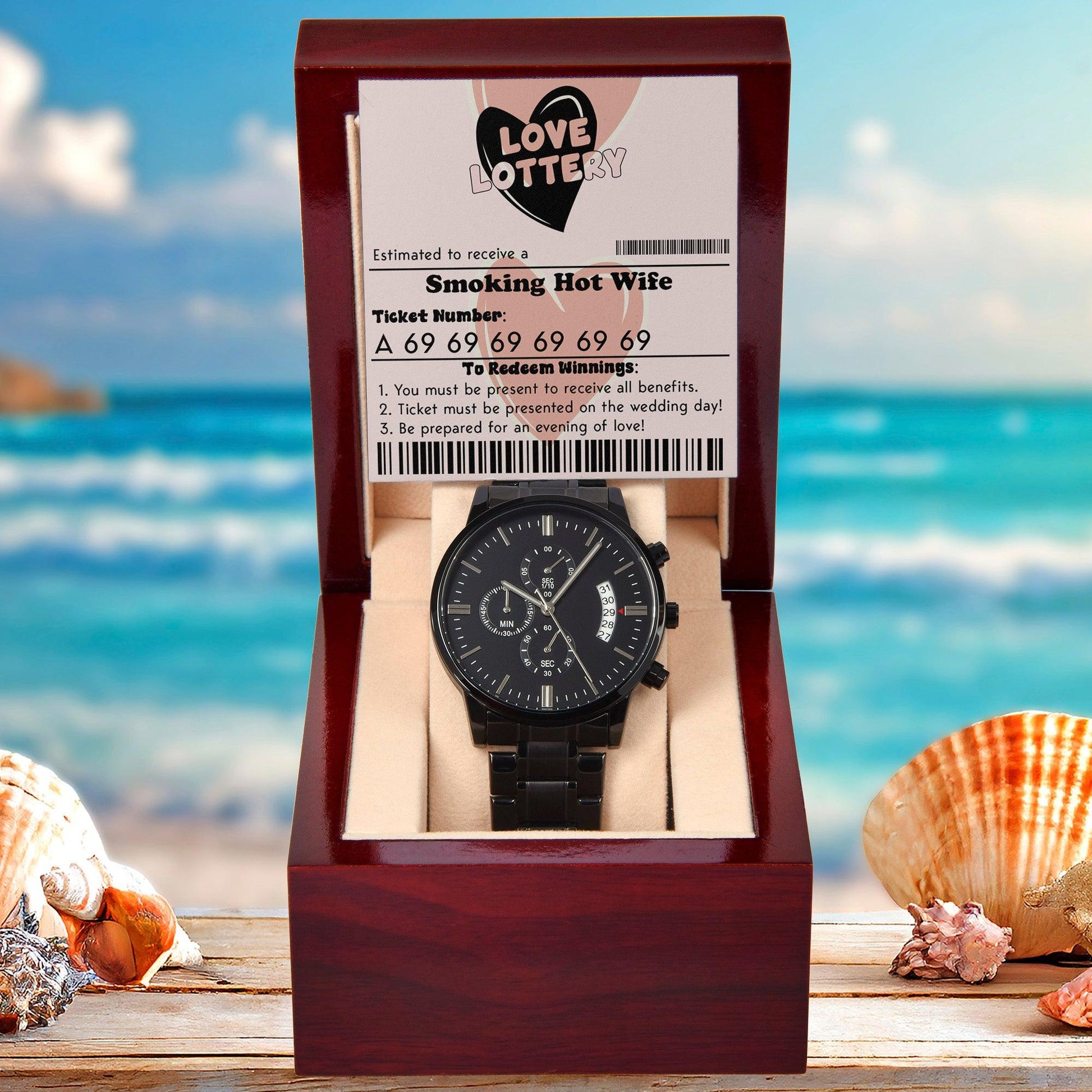 Husband Wedding Day Gift - Jackpot Winner - Black Chronograph Watch - Mallard Moon Gift Shop