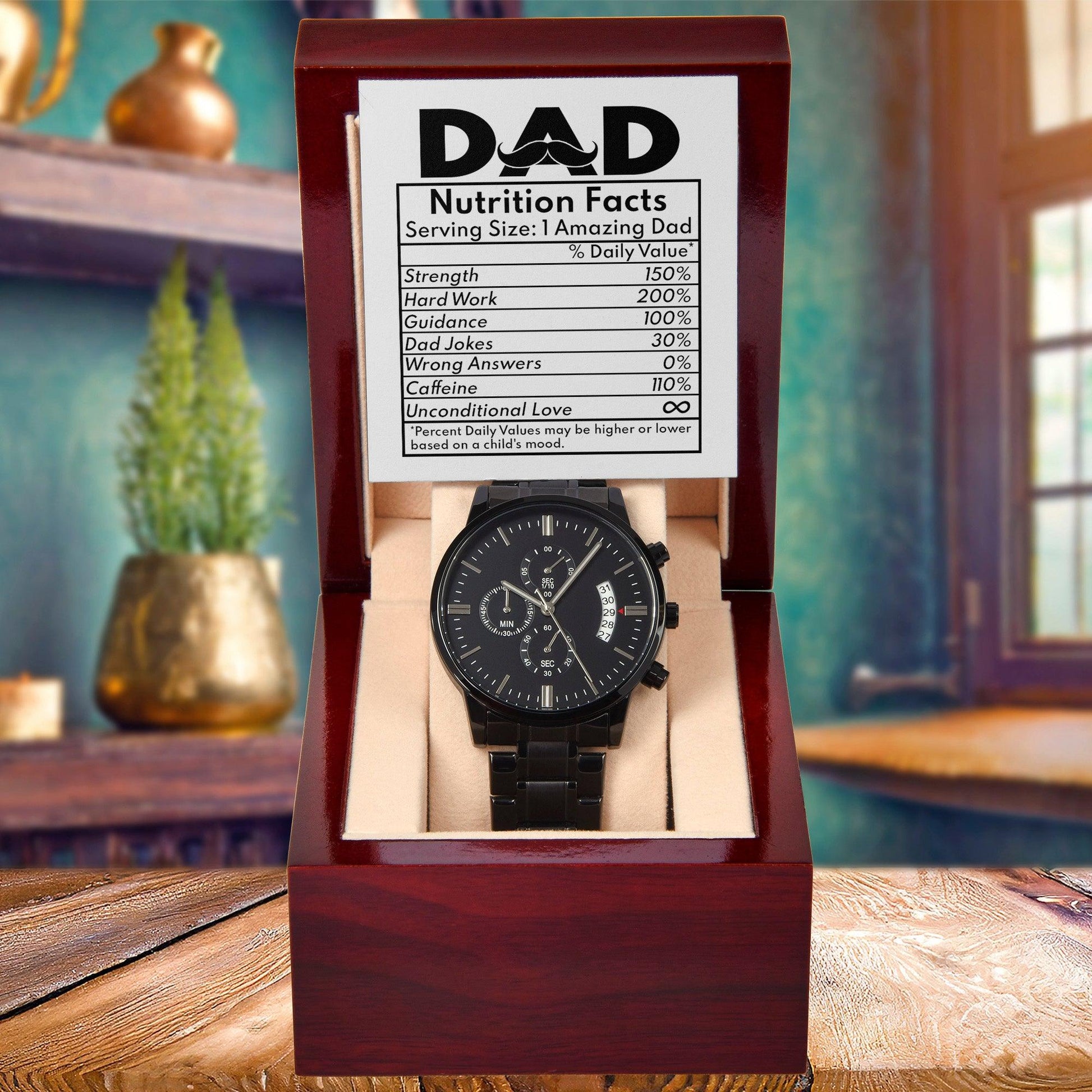 Dad Gift - Funny Nutrition Facts - Black Chronograph Watch - Mallard Moon Gift Shop