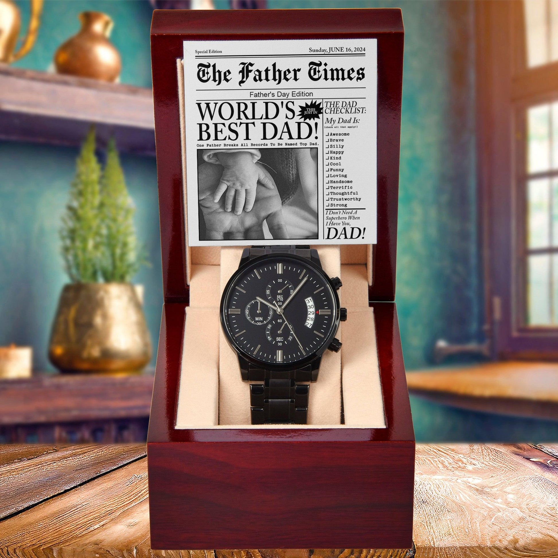 Dad Gift  - Headline on The Father Times - World's Best Dad - Black Chronograph Watch - Mallard Moon Gift Shop
