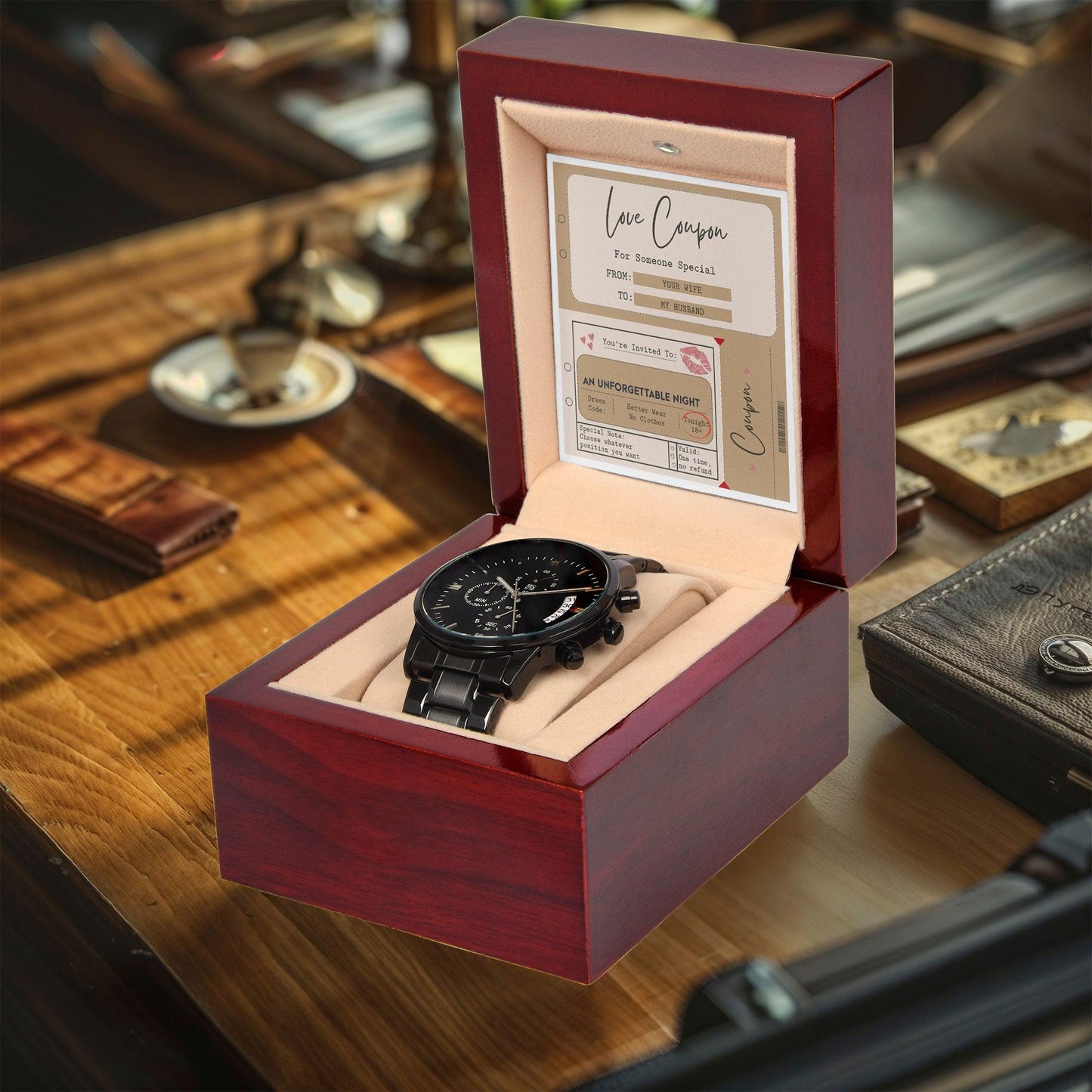 Husband Wedding Day Gift - Coupon Book - Black Chronograph Watch - Mallard Moon Gift Shop