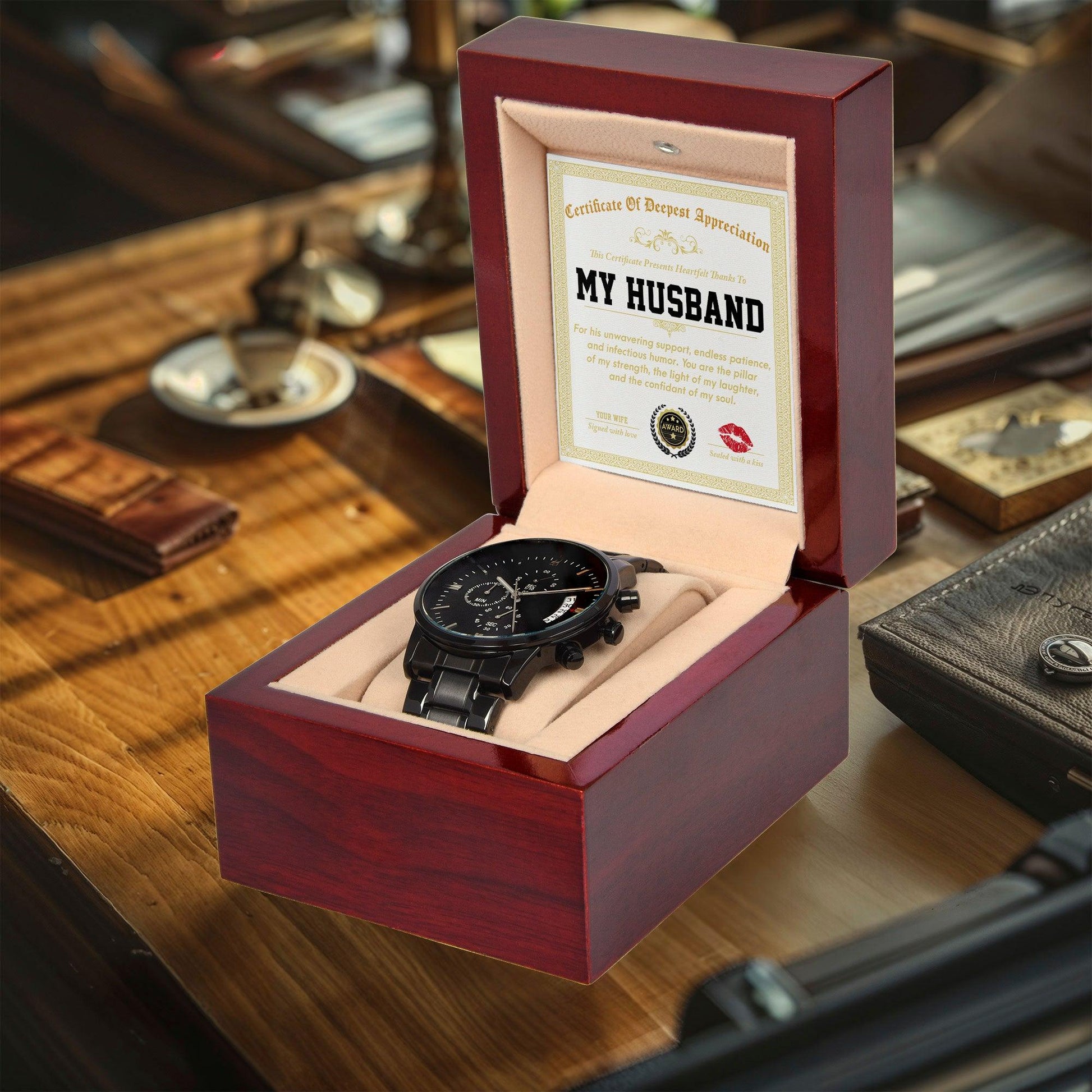 Husband Wedding Day Gift - Deepest Appreciation - Black Chronograph Watch - Mallard Moon Gift Shop