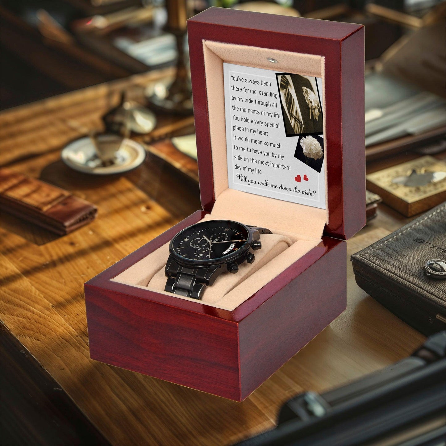 Father of the Bride Gift Will You Walk Me Down the Wedding Aisle Black Chronograph Watch - Mallard Moon Gift Shop