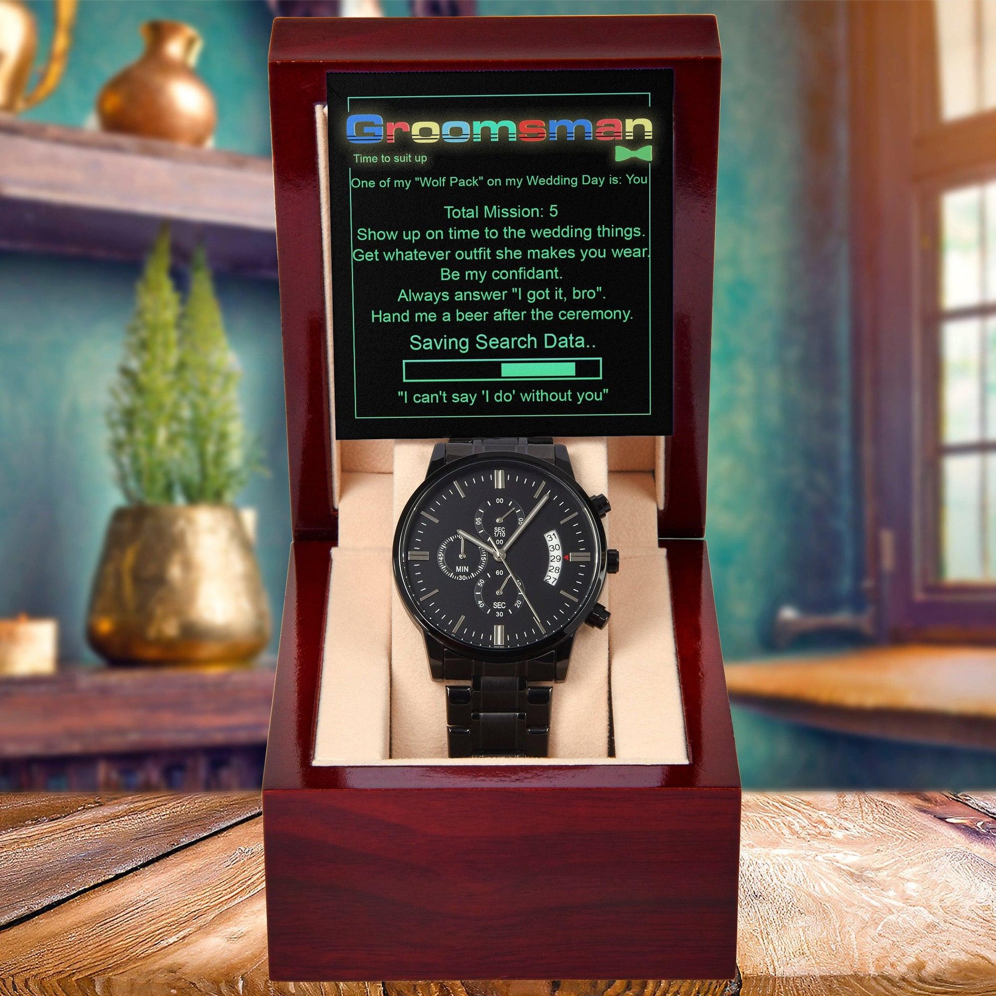 Groomsman Wedding Day Gift - Saving Search Data - Black Chronograph Watch - Mallard Moon Gift Shop
