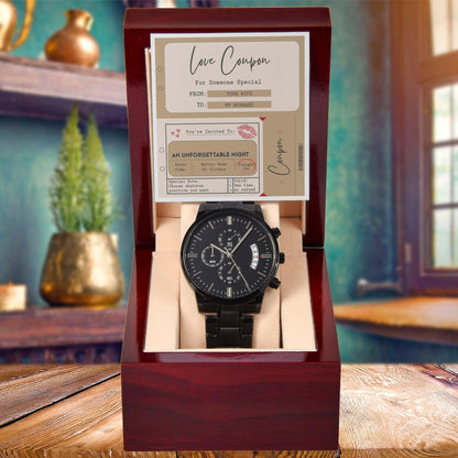 Husband Wedding Day Gift - Coupon Book - Black Chronograph Watch - Mallard Moon Gift Shop