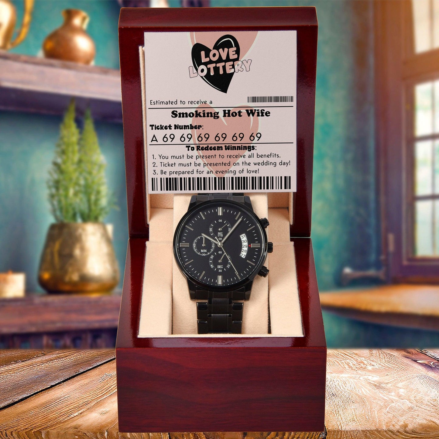 Husband Wedding Day Gift - Jackpot Winner - Black Chronograph Watch - Mallard Moon Gift Shop