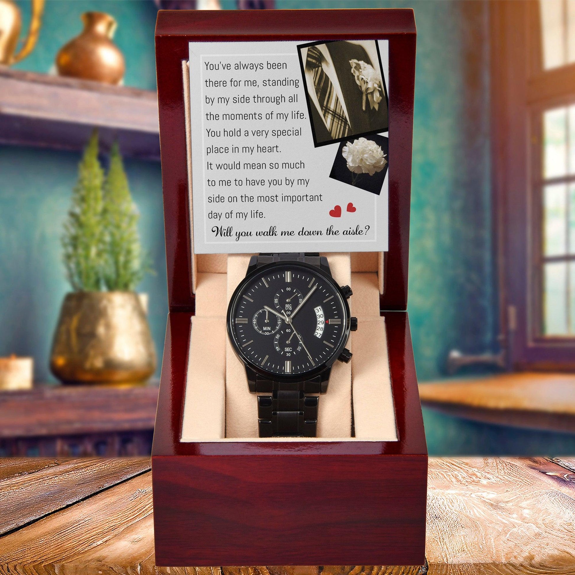 Father of the Bride Gift Will You Walk Me Down the Wedding Aisle Black Chronograph Watch - Mallard Moon Gift Shop